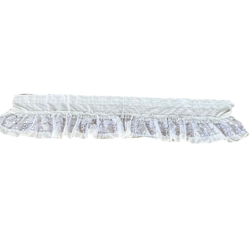 Vintage Embroidered Lace Ruffled Window Valance Farmhouse Prairie Cat White GUC